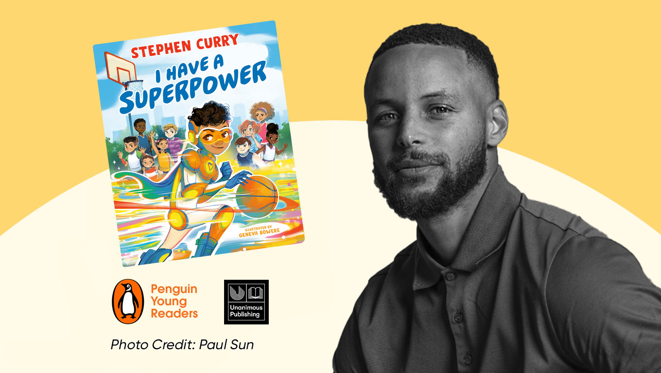 Photo of professional basketball player Stephen Curry with book I Have a Superpower