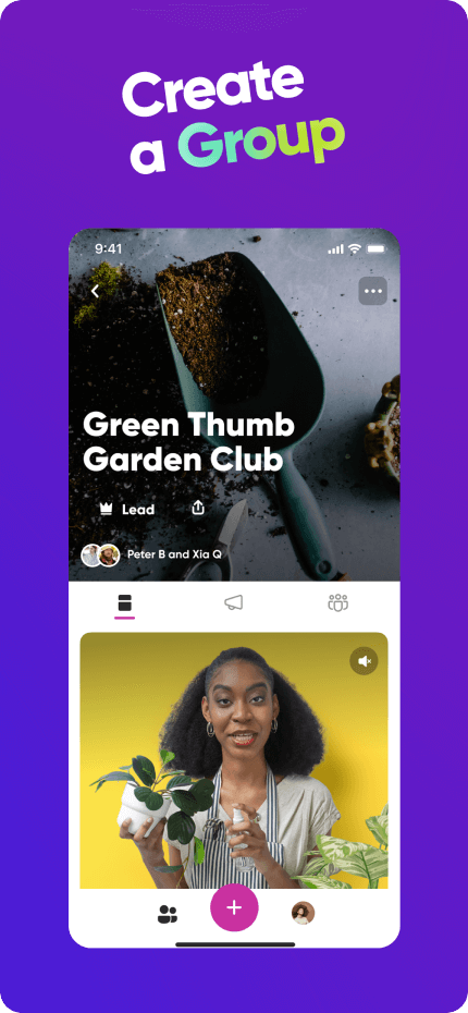 Folie mit dem Titel Create a Group zeigt einen Screenshot einer In-App-Gruppe mit dem Titel Green Thumb Garden Club